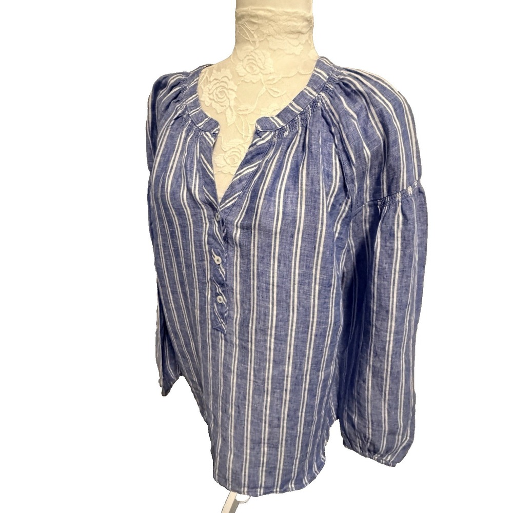 Talbots‎ 100% Linen Blouse~L~Blue & White Stripes Long Slv Coastal Nautical NWT